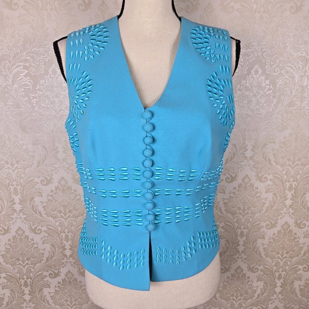 Vintage Alberto Makali Size 8 Light Blue Embroidered Vest Adjustable Back Tie